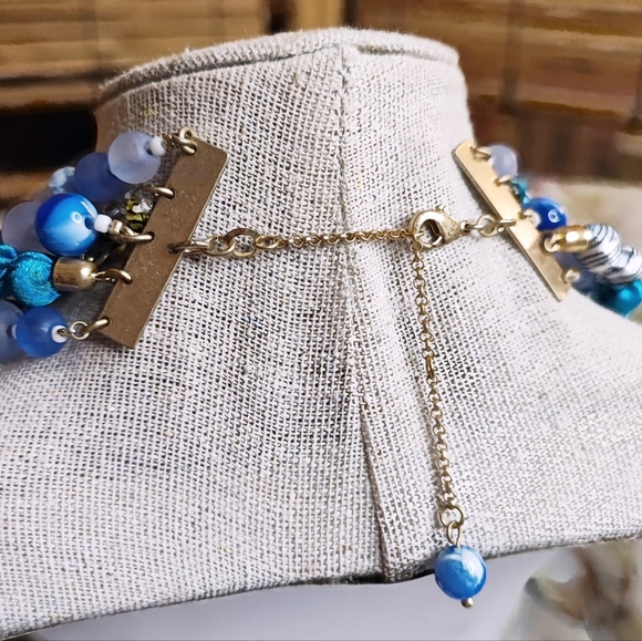 5 Strand Blue Acrylic Bauble Stone Rhinestone & Fabric Beaded Unsigned Necklace - Picture 3 of 12